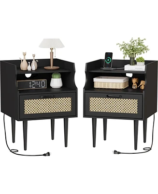 gaomon Rattan Nightstand Set of 2, Modern Side Table with Charging Station