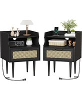 gaomon Rattan Nightstand Set of 2, Modern Side Table with Charging Station