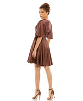 Mac Duggal Women's Satin Flowy Cape Sleeve Mini Dress