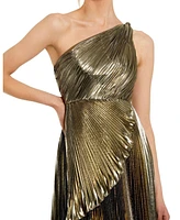 Mac Duggal Women's Pleated Metallic One Shoulder High Low Gown