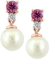 Effy Cultured Freshwater Pearl (5-1/2mm), Pink Sapphire (1/4 ct. t.w.), and Diamond (1/20 ct. t.w.) Drop Earrings in 14k Rose Gold