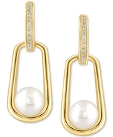 Effy Cultured Freshwater Pearl (7mm) & Diamond (1/8 ct. t.w.) Polished Oval Drop Earrings in 14k Gold