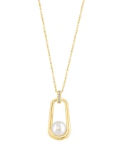 Effy Cultured Freshwater Pearl (8mm) & Diamond Accent Polished Oval 18" Pendant Necklace in 14k Gold