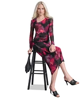 Dkny Women's Asymmetric Ruched Printed-Mesh Dress