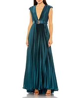 Mac Duggal Women's Pleated Plunge Neck Belted A Line Gown