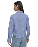 Dkny Jeans Women's Striped Poplin Studded Rhinestone Cotton Long-Sleeve Button-Front Shirt - WYS