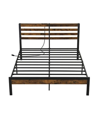 Sugift Queen Size Bed Frame with Charging Station and Storage Headboard