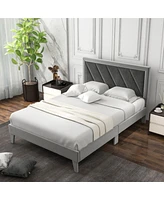 Sugift Full Platform Bed with High Headboard and Wooden Slats