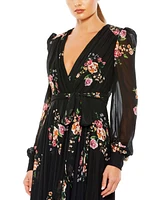 Mac Duggal Women's Belted Floral Print Illusion Long Sleeve Gown