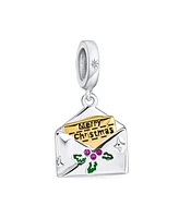 Bling Jewelry Saying Merry Christmas Holly Envelope Dangle Charm .925 Sterling Silver