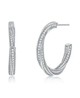 Suzy Levian New York Sterling Silver & White Cubic Zirconia Pave Twisted Hoop Earrings