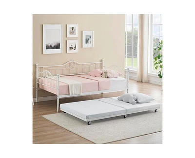 gaomon Twin Daybed with Trundle, Modern Pull Out Day Bed Frame with Vintage Headboard, Metal Daybed with Sturdy Slat Support, for Small Spaces, Kids R