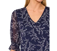 CeCe Women's Printed V-Neck Smocked-Cuff Blouse