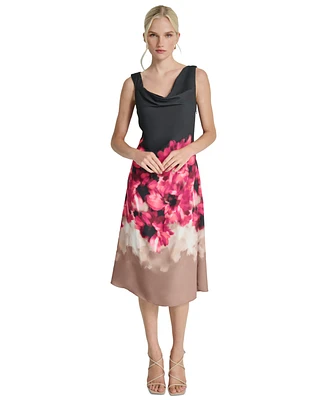 Dkny Women's Floral Asymmetric Cowlneck Midi Dress