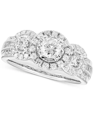 Diamond Halo Three Stone Ring (1 ct. t.w.) in 14k White Gold