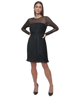 Dkny Petite Jewel-Neck Belted A-Line Pleated Mesh Dress