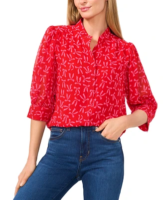 CeCe Women's Ruched-Sleeve Printed Collared Blouse