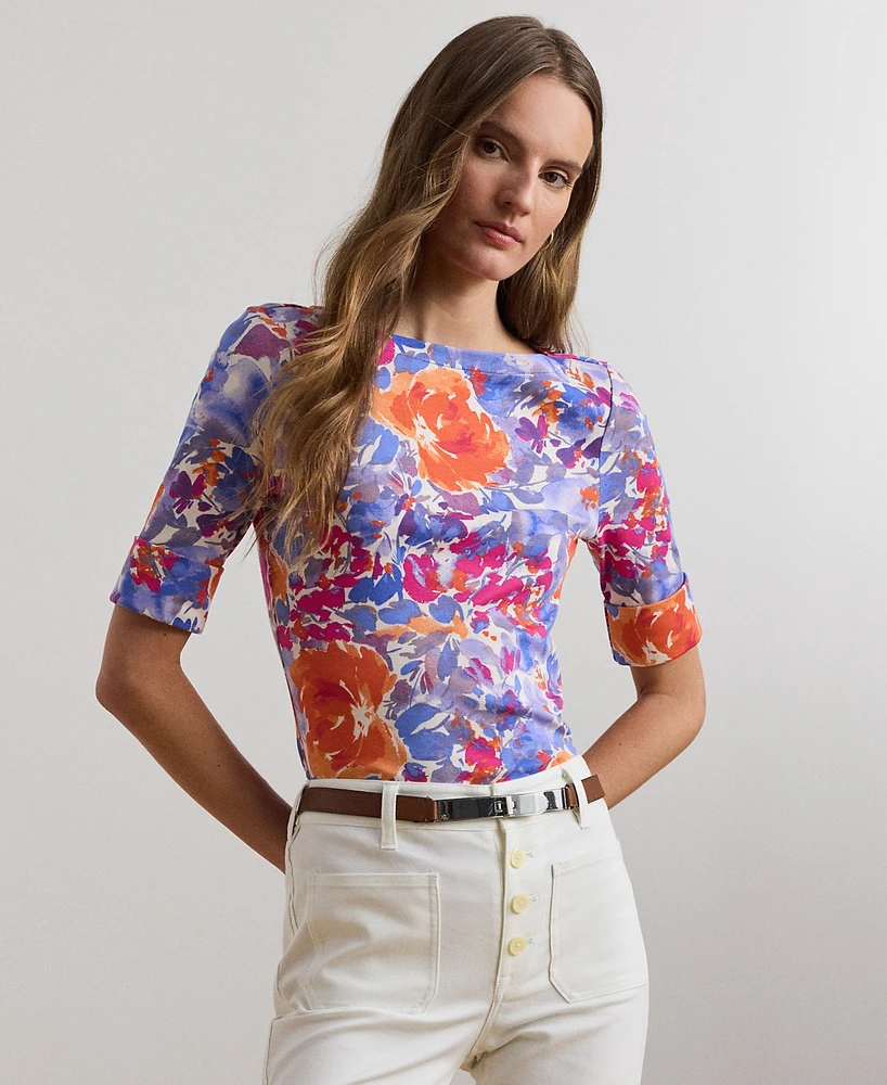 Lauren Ralph Petite Floral Stretch Cotton Boatneck Tee