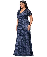 Betsy & Adam Plus Floral Sequin V-Neck Sheath Gown