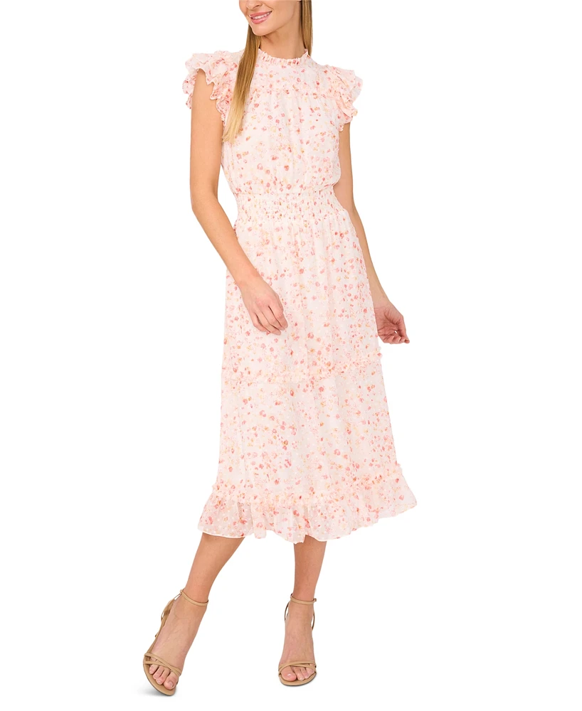 CeCe Women's Printed Ruffled Smocked-Waist Midi Dress