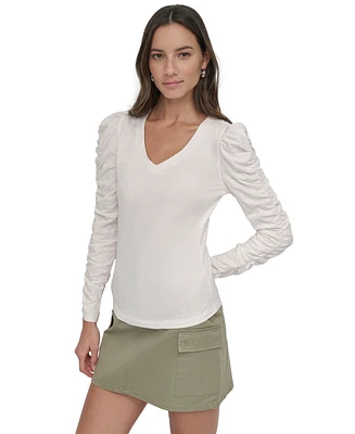 Dkny Jeans Women's Cotton V-Neck Ruched-Sleeve Top - EN2