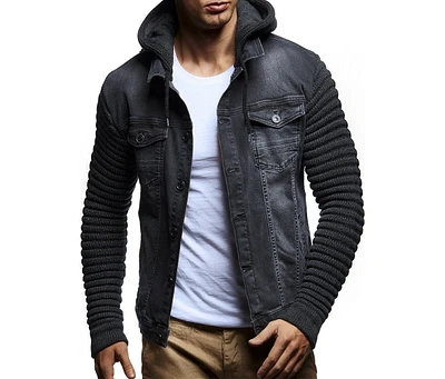 Leif Nelson Men's Denim Jacket with Knit Sleeves and Hood