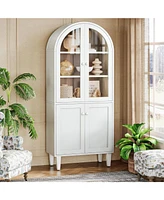 Tribesigns 68" Tall Arched Storage Cabinet, White 5-Tier Display Bookcase with Doors and Adjustable Shelves, Farmhouse Wooden Bookshelf, Kitchen Pantr