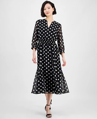 Anne Klein Women's Polka-Dot Smocked Midi Dress