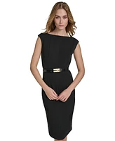 Halston Women's Round-Neck Belted Sleeveless Sheath Dress