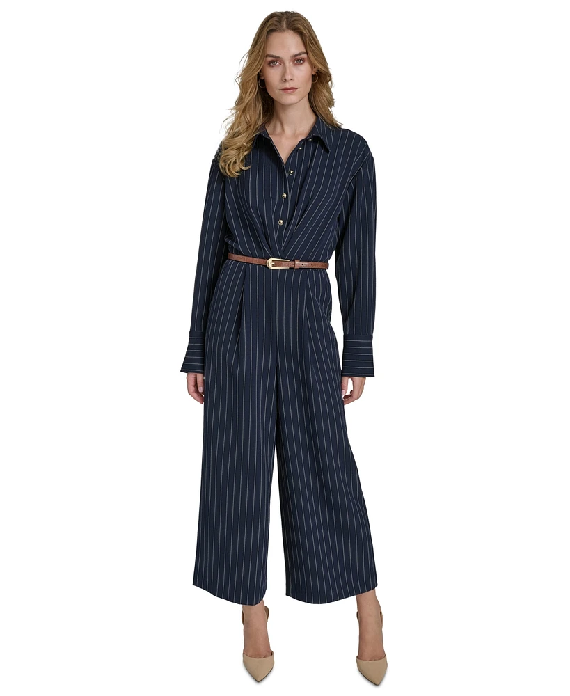 Halston Women's Pinstripe Long-Sleeve Belted Wide-Leg Jumpsuit