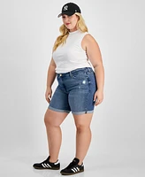 Celebrity Pink Trendy Plus Size Distressed Rolled-Cuff Denim Shorts