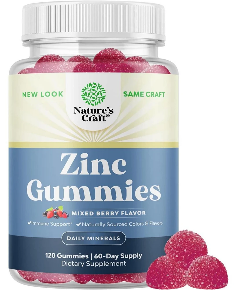Nature's Craft Extra Strength Zinc Gummies for Adults, Chewable Zinc Citrate 50mg Immunity Gummies, Gluten & Gelatin Free Non-gmo, Mixed Berry, Nature