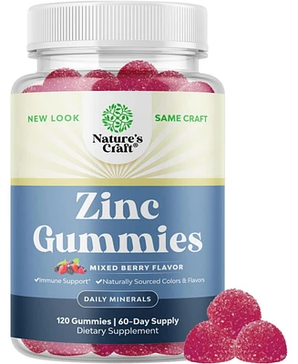 Nature's Craft Extra Strength Zinc Gummies for Adults, Chewable Zinc Citrate 50mg Immunity Gummies, Gluten & Gelatin Free Non-gmo, Mixed Berry, Nature