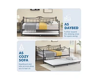 Twin Daybed with Trundle, Modern Pull Out Day Bed Frame with Vintage Headboard, Metal Daybed with Sturdy Slat Support,for Small Spaces, Kids Room, Liv