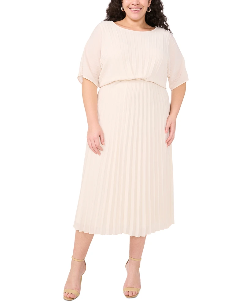 Msk Plus Round-Neck Flutter-Sleeve Pleated Midi Dress