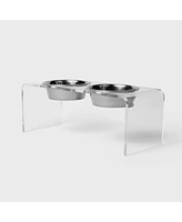 Hiddin Medium Clear Double Bowl Pet Feeder, 2 Quart Silver Bowls