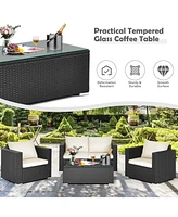 Gouun 4 Pieces Patio Rattan Conversation Set with Padded Cushion and Tempered Glass Table