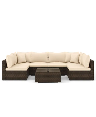 Gouun 7 Pieces Patio Rattan Furniture Set with Sectional Sofa Cushions