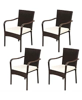 Gouun Set of 4 Patio Rattan Stackable Dining Chair with Cushioned Armrest for Garden