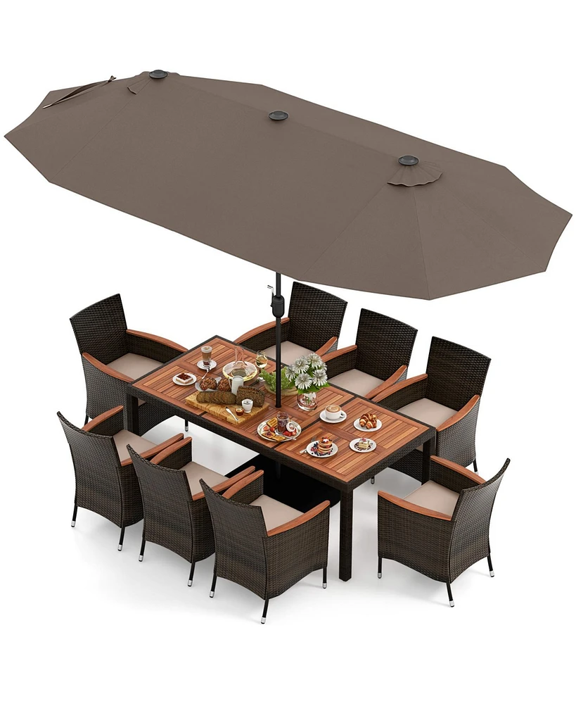 11 Pieces Patio Dining Set with 15 Feet Double-Sided Patio Umbrella and Base