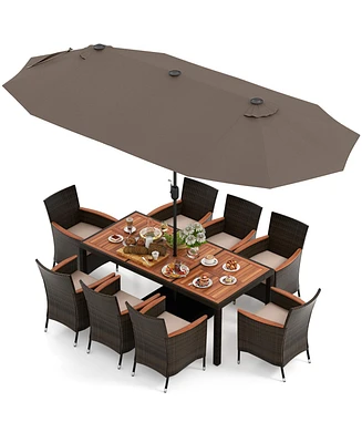11 Pieces Patio Dining Set with 15 Feet Double-Sided Patio Umbrella and Base