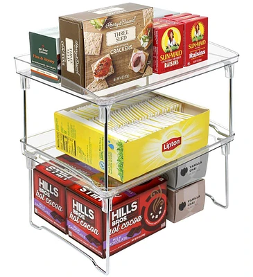 Sorbus 2 Tier Foldable Storage Shelf Organizer Stand Racks for Undersink, Kitchen Cabinets, Pantry, Countertops, Clear Plastic/Metal