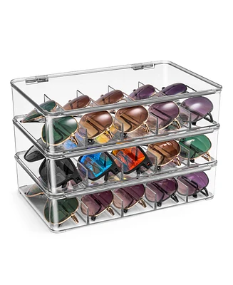 Sorbus Pack Clear Stackable Plastic Sunglass Holder with Hinged Lid for Eyewear Display Includes 5 Sections