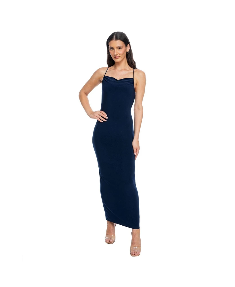 Bebe Women's Jersey Cowl with Tie Shoulder Maxi Dress, Navy