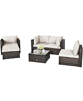 6 Pieces Patio Rattan Furniture Set with Sectional Cushion and Ottomans
