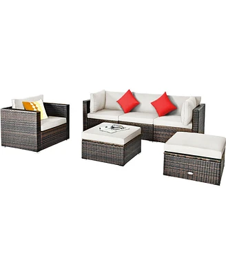 Gouun 6 Pieces Patio Rattan Furniture Set with Sectional Cushion and Ottomans