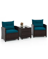 Gouun 3 Pieces Rattan Patio Furniture Set with Washable Cushion-Peacock