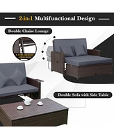 Gouun Patio Rattan Daybed with 4-Level Adjustable Backrest and Retractable Side Tray