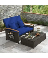 Gouun Outdoor Wicker Daybed with Folding Panels and Storage Ottoman