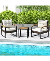 Gouun 3 Piece Patio Conversation Set with Solid Acacia Wood Armrests and Tabletop